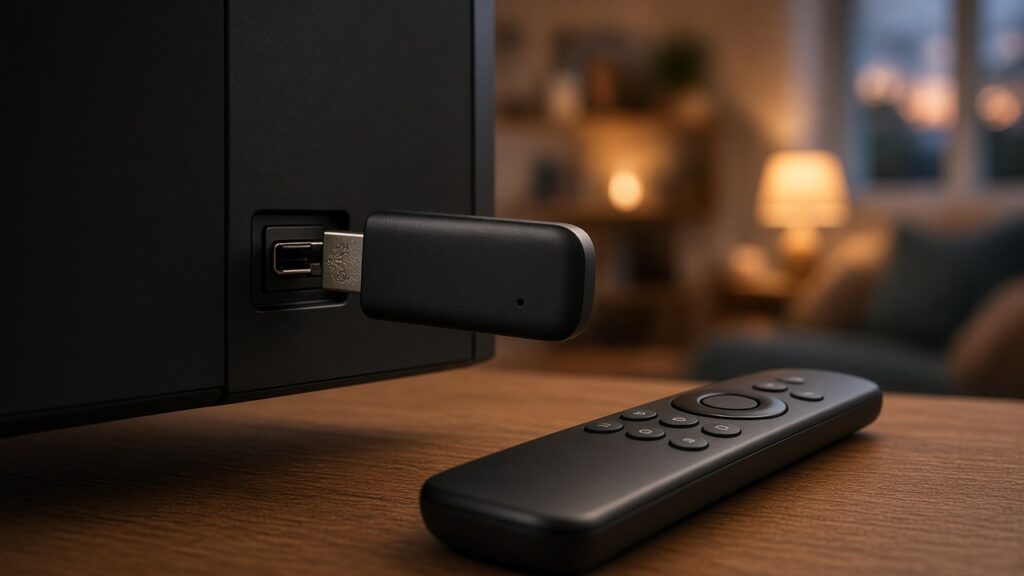 Streaming stick connected to TV for Fire Stick IPTV setup